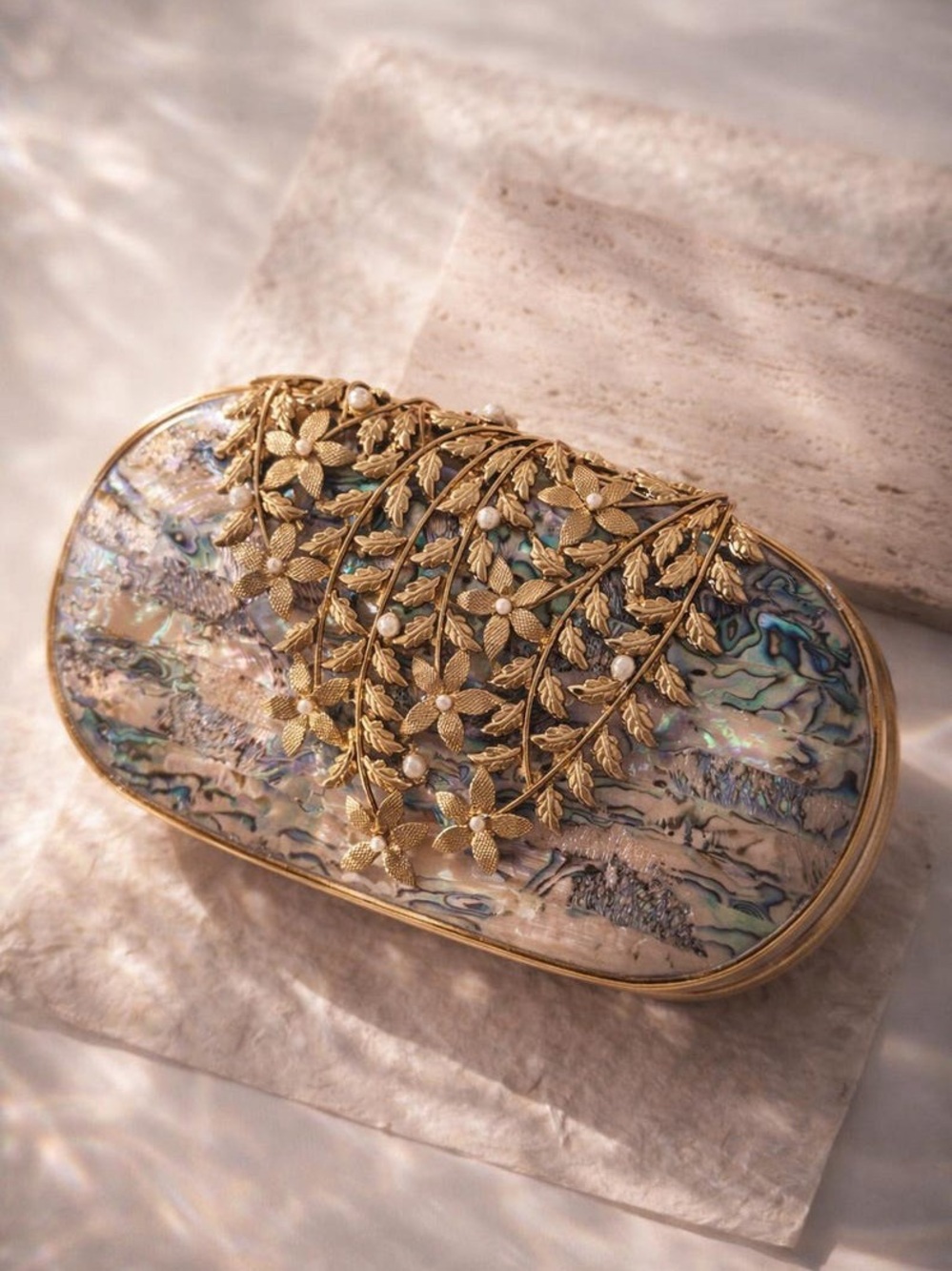 Gold Floral Abalone Shell Evening Clutch - Women Bags